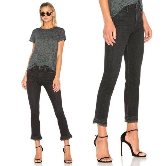 Rag and Bone Hana Mini Flare Cropped Frayed Hem Jeans Black Croyden in Size 28 - Picture 1 of 7
